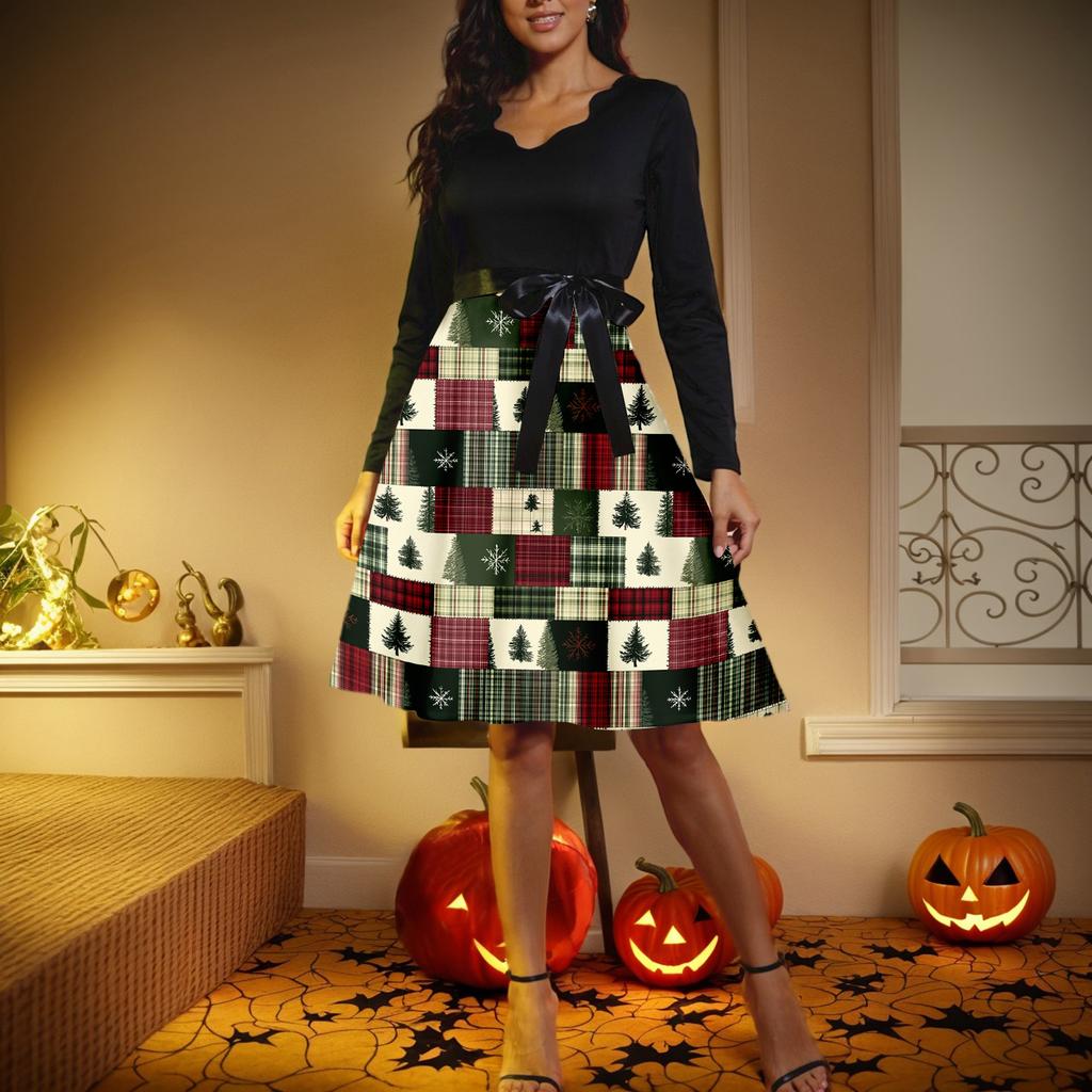 Vestido retrô feminino casual com decote em V e manga comprida, estampa retrô de Natal