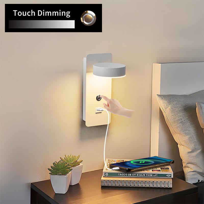 Three-Speed Dimmable LED Wall Lamp with USB Charger for Bedroom and Hotel
