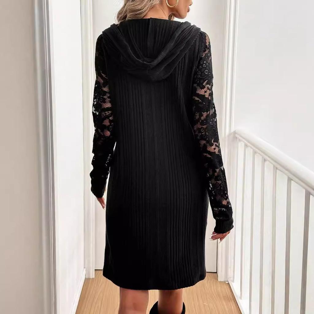 Women Spring Autumn Lace Long Sleeve Hooded Drawstring Solid Color Pit Package Hip One Piece Dress
