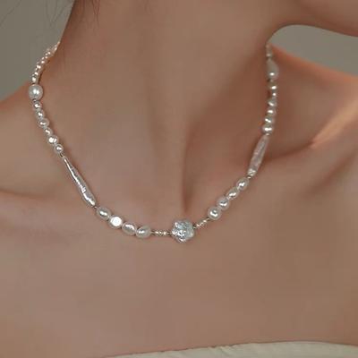 Natural Flower Alien Baroque Pearl Necklace French Light Luxury High Sense Personalized Unique 925 Silver Neckchain for Women