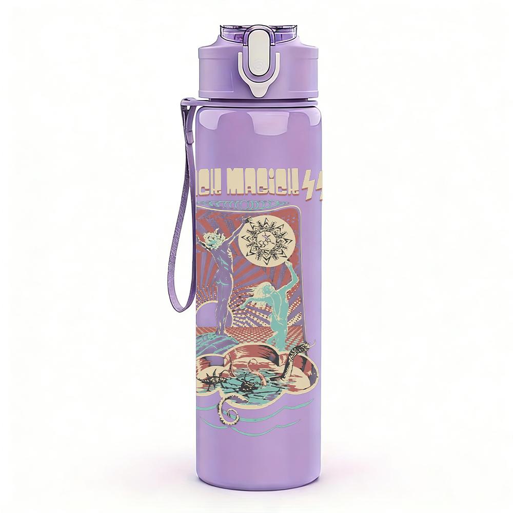 1PC Faint vertical band sketch print 750ml colorful plastic sports water bottle leakproof pop up lid with straw for outdoor work home use