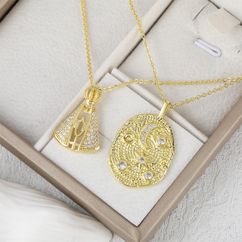 Religious Virgin Mary Pendant Necklace - Hypoallergenic Copper Plated Collar Chain with Cubic Zirconia Slavic Cross