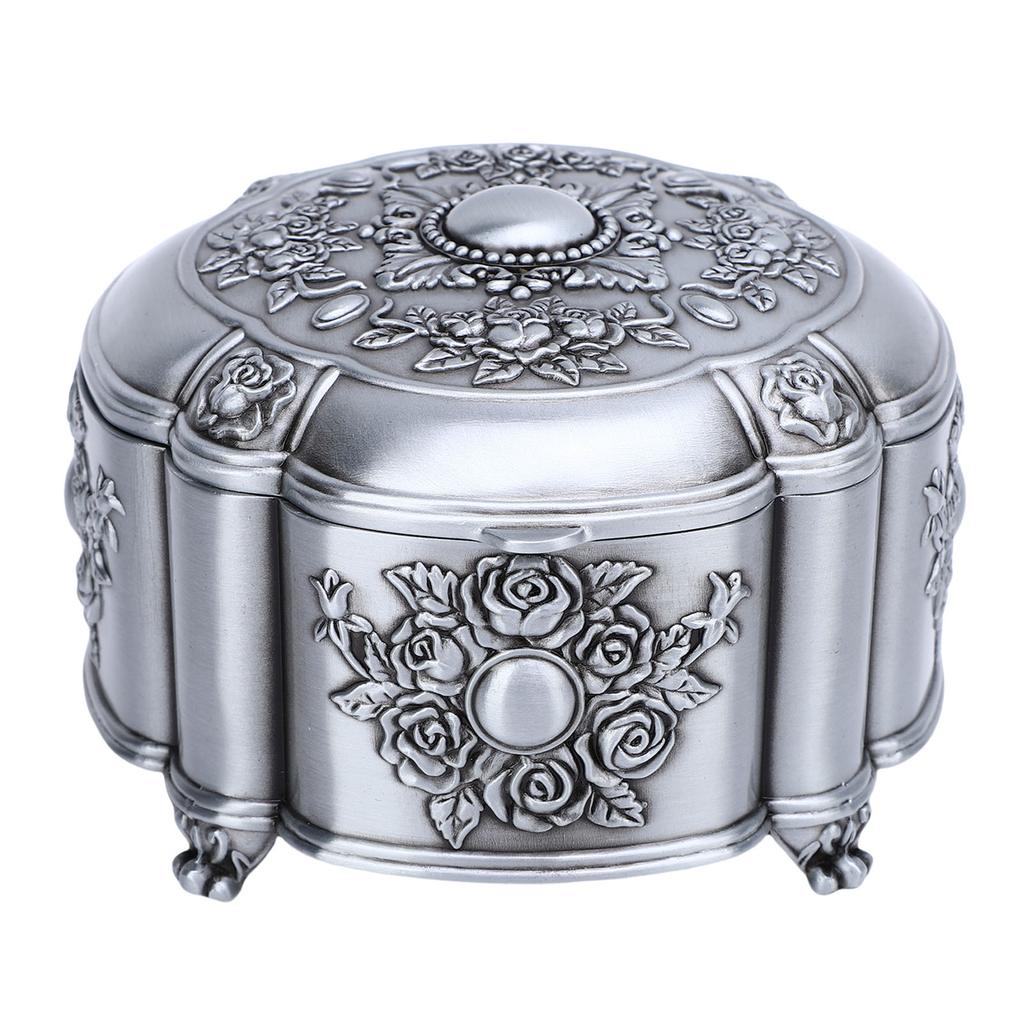 Vintage Jewelry Storage Box Zinc Alloy Antique Trinket Organizer Keepsake Box Emboss Rose Pattern Velvet Interior for