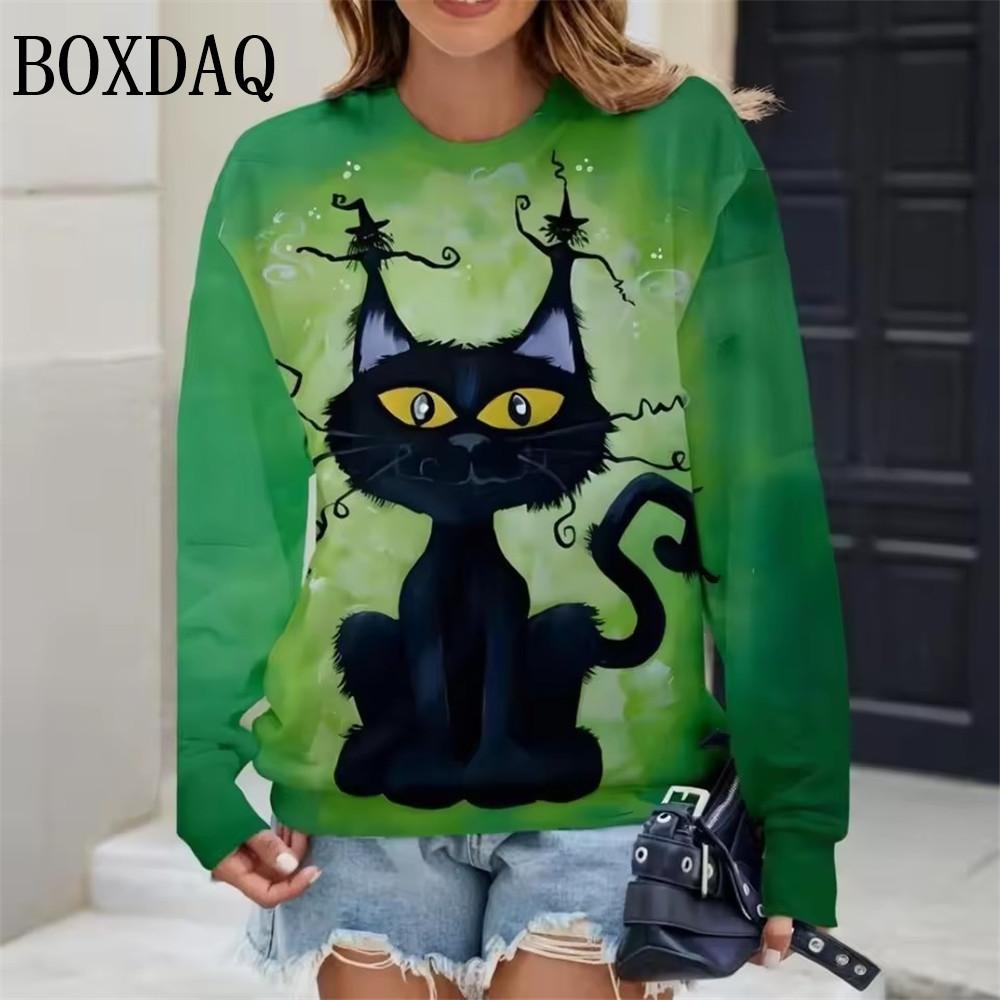 

Осенне-зимняя футболка женская модная футболка для Хэллоуинской вечеринки повседневные топы с длинным рукавом и свободного кроя с причудливым принтом кошки женская одежда XL