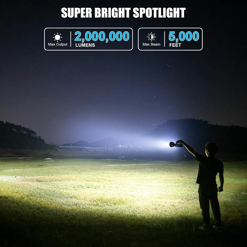 Rechargeable Spotlight, 2,000,000 Lumens Super Bright LED Flashlight, IPX5 Waterproof Handheld Searchlight for Camping Boating Hiking Emergencies