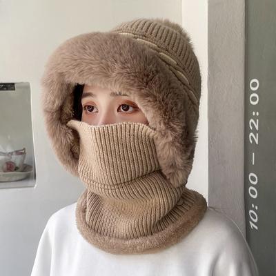 Damenmode Herbst und Winter Verdicken Warm 2-in-1 Mütze Schal Set Damen Outdoor Fahrradmütze mit Halstuch