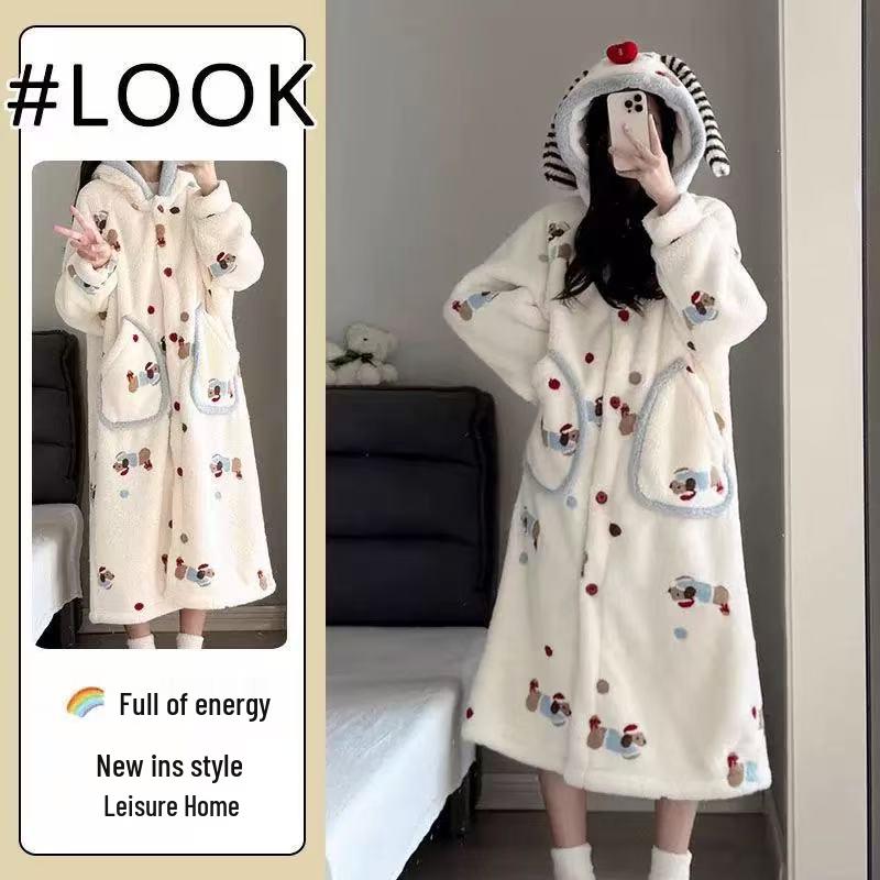 

2025 Autumn/Winter Coral Fleece Cartoon Dachshund Couple One-Piece Sleep Robe - Thickened and Lined. Extra Large