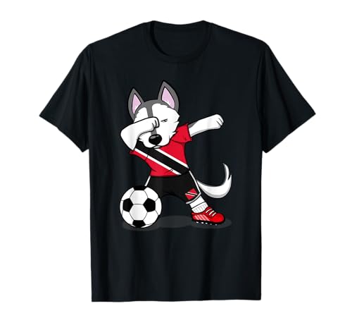 Funny Dabbing Husky Cute Husky Dog Trinidad and Tobago Football Trinidad Flag Sports T-Shirt