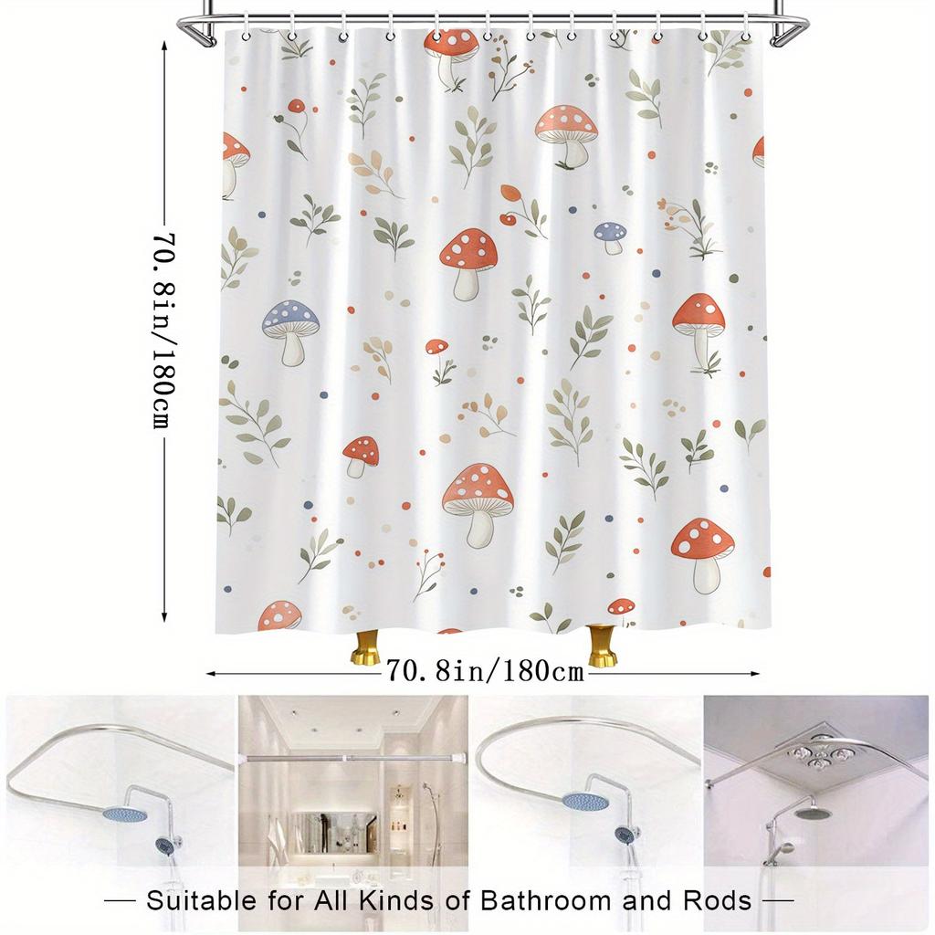 Whimsical Mushroom & Plant Shower Curtain - Watercolor Nature Design, White Background, Machine Washable, Bathroom Decor
