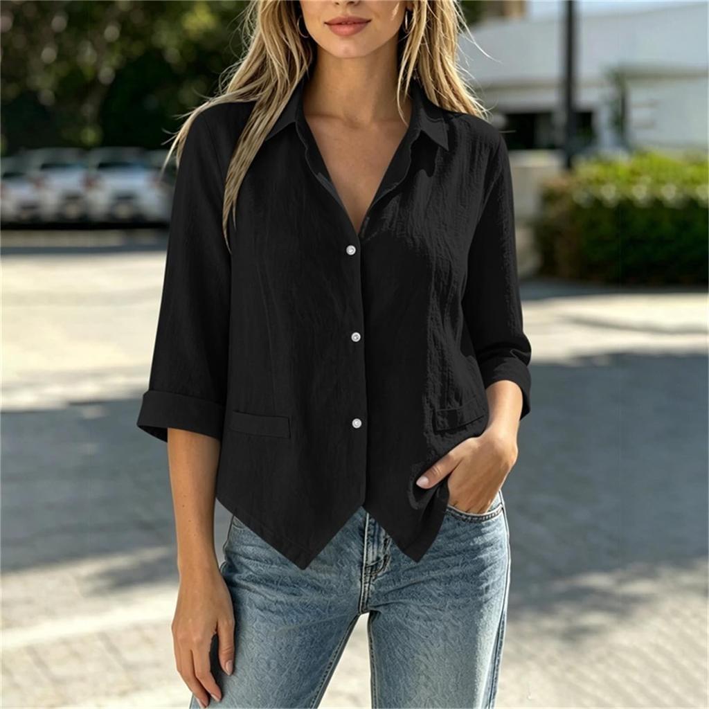 Women Casual 3/4 Sleeve Button Down Shirt Loose Fit Lightweight Blouse with Collar and Pocket for Everyday Wear