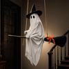 Spooky Wizard Hat Ghost Hanging Halloween Decoration with Witch and Broom, Flying Ornament for Haunted House Porch Tree Yard, Indoor Outdoor