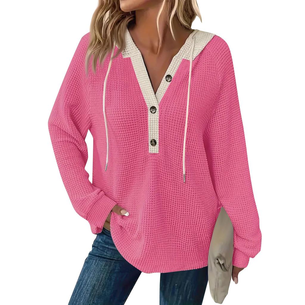 Damska bluza z długim rękawem i ściągaczem w blokach kolorów, z kapturem i guzikami, z dekoltem w serek, w swobodnym stylu