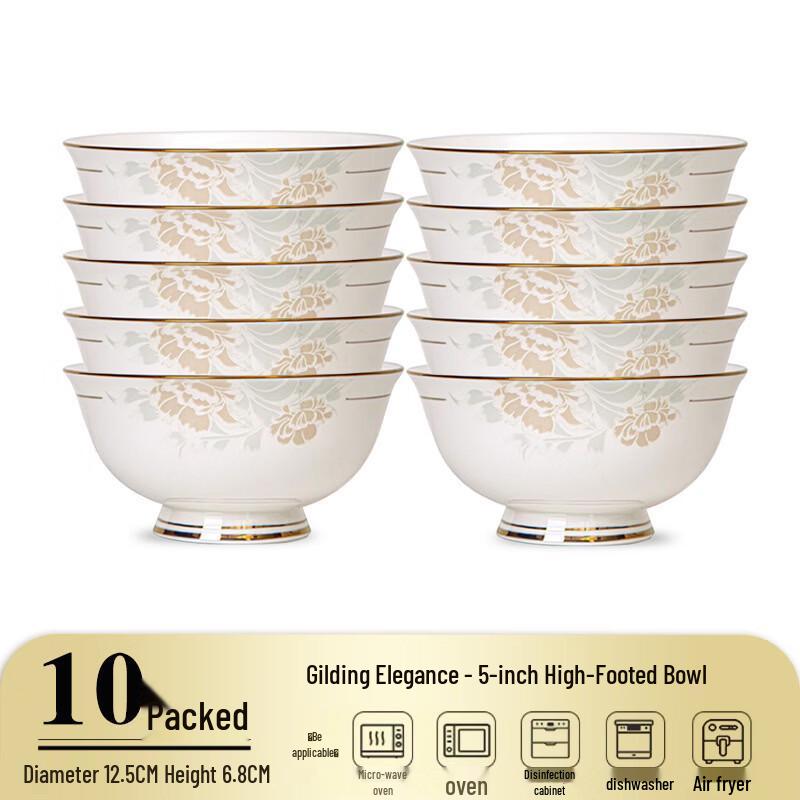 Gold-Rimmed Ceramic High-Footed Rice Bowls (Set of 10)