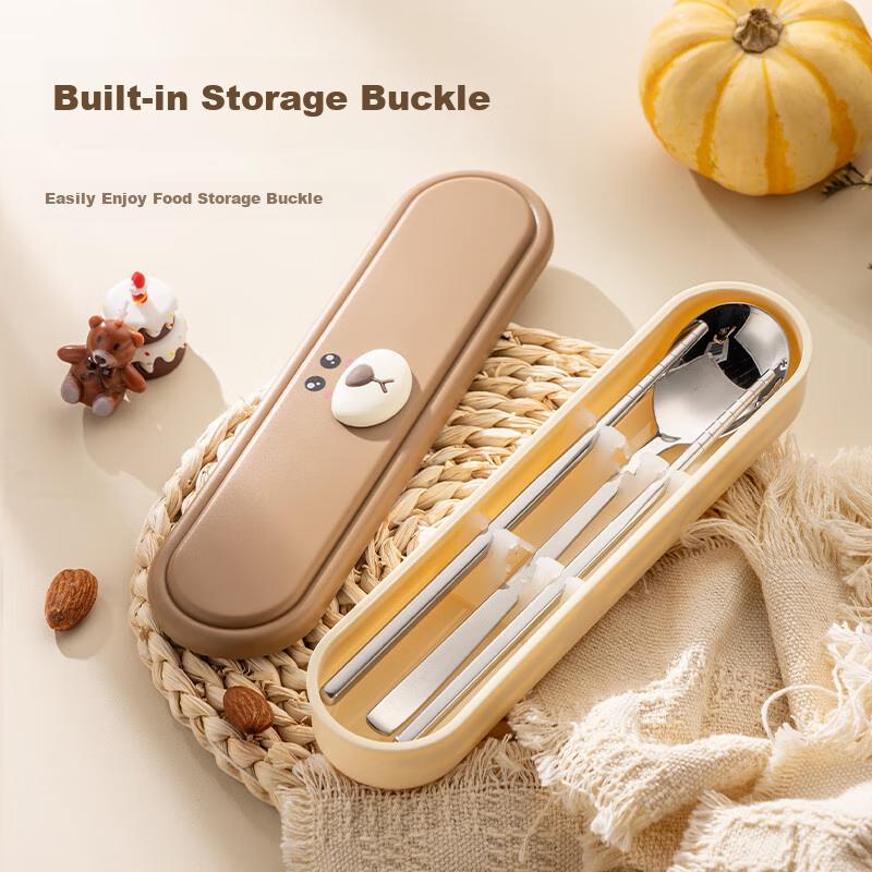 Guangyi Cartoon Portable Cutlery Set, 304 Stainless Steel Spoon And Chopsticks, Three-Piece Set, for Students, Takeout, GY1340