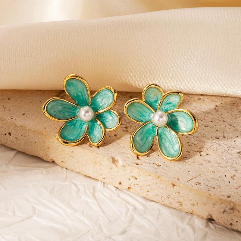 New Fashion Flower Enamel Green White Color Stud Earrings For Women Girl Gift Wedding Jewelry Temperament Brincos Pendientes