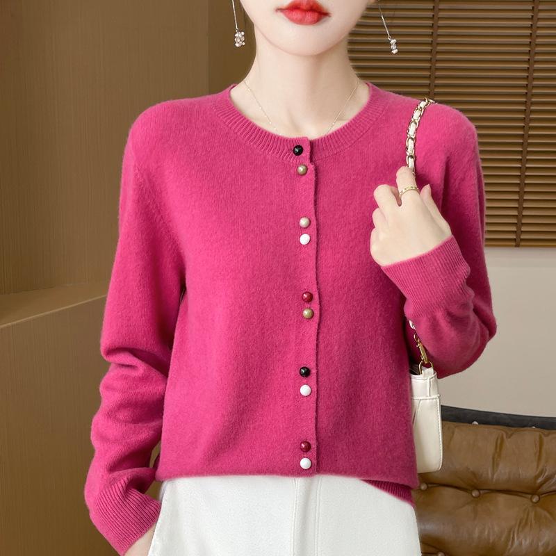 Color Buttons Soft Short Round Neck Sweater Women's Spring and Fall Knitwear