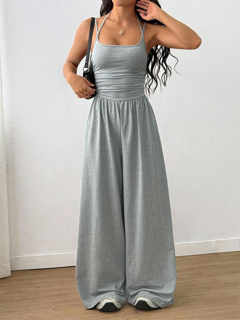 Combinaison d'été à bretelles pour femme, style wrap décontracté, body, jambe large, coupe ample