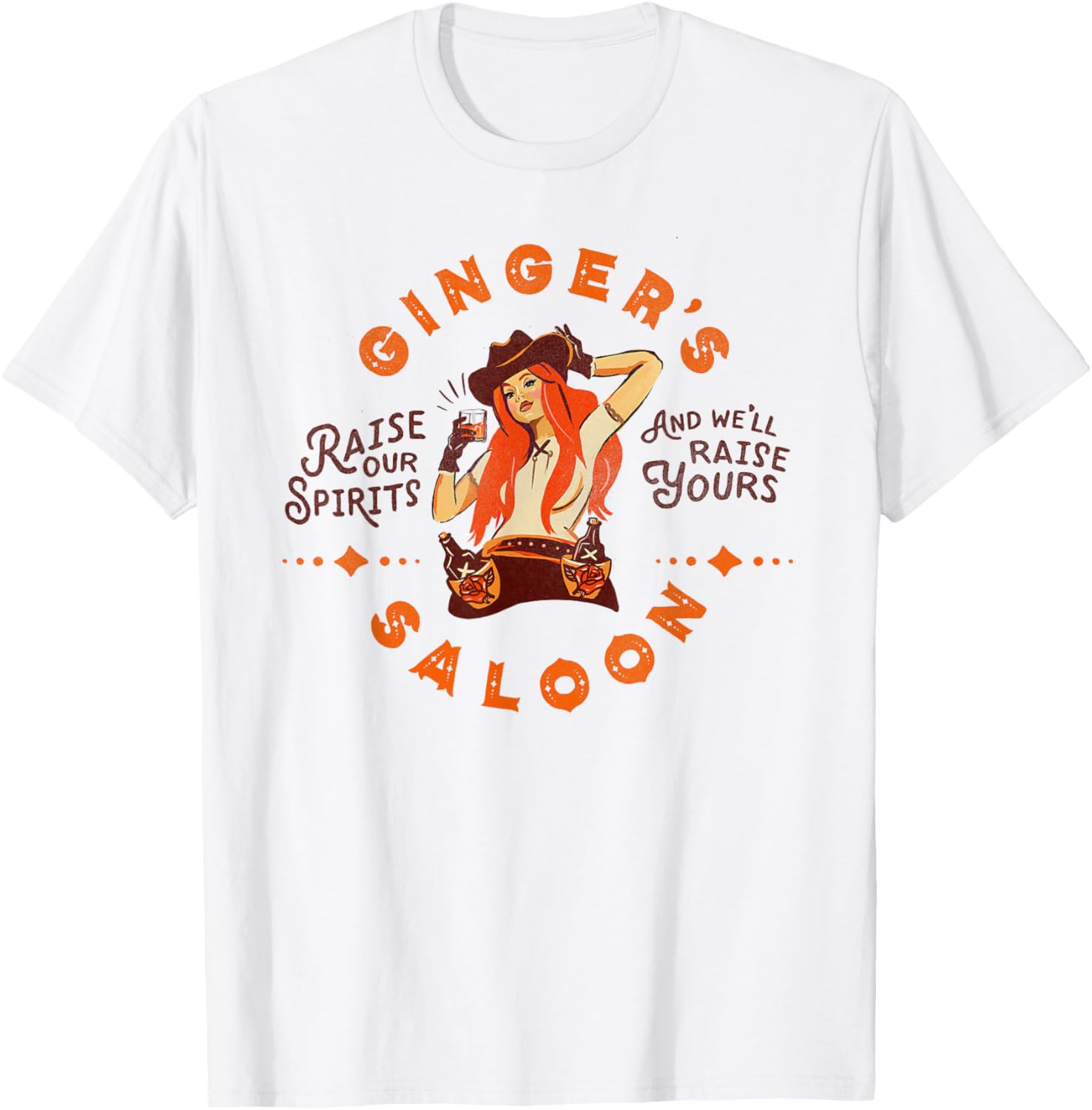 Gingers Saloon Vintage Cowgirl Whiskey Redhead Dive Bar Artist Gift T-Shirt Cotton Short Sleeve S