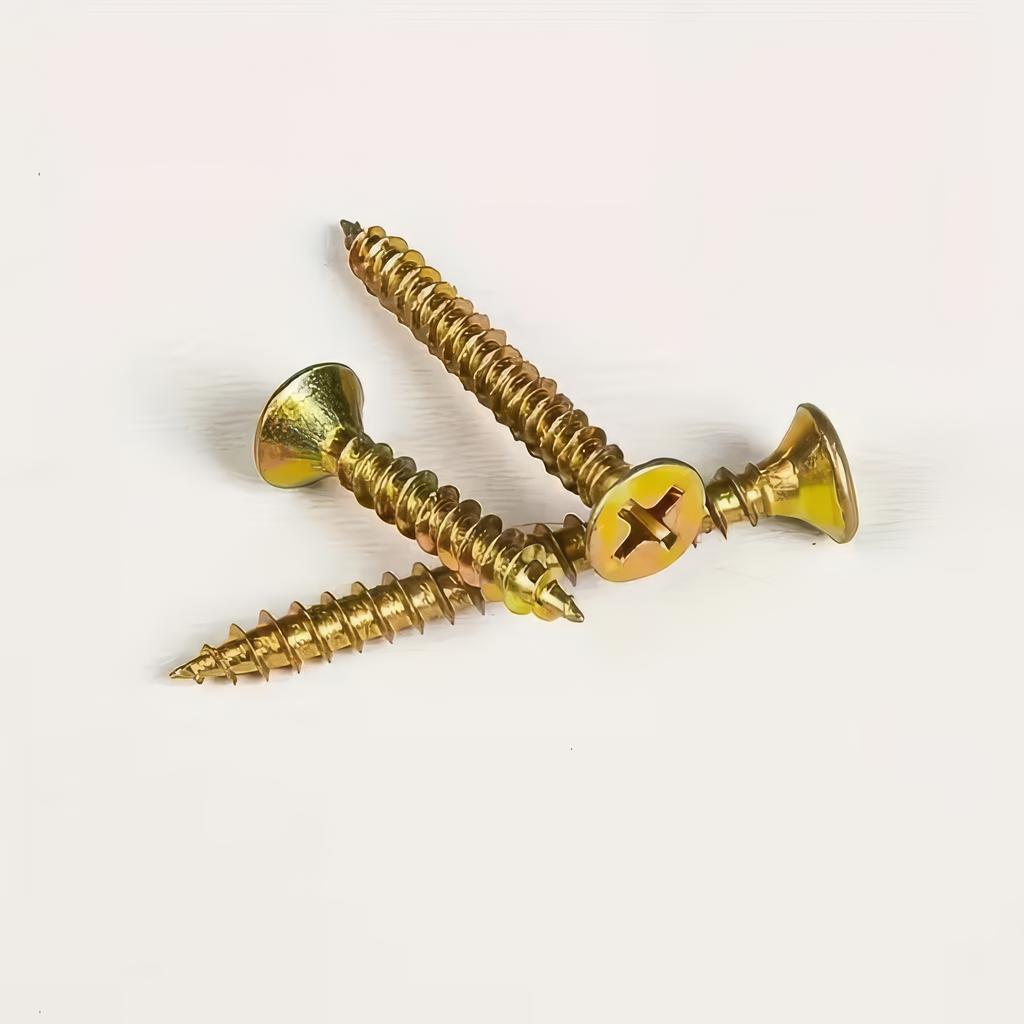 100 Self Tapping Screws In Golden Yellow Color, Easy To Install, Suitable for Outdoor Wood, Fence Yard Decoration