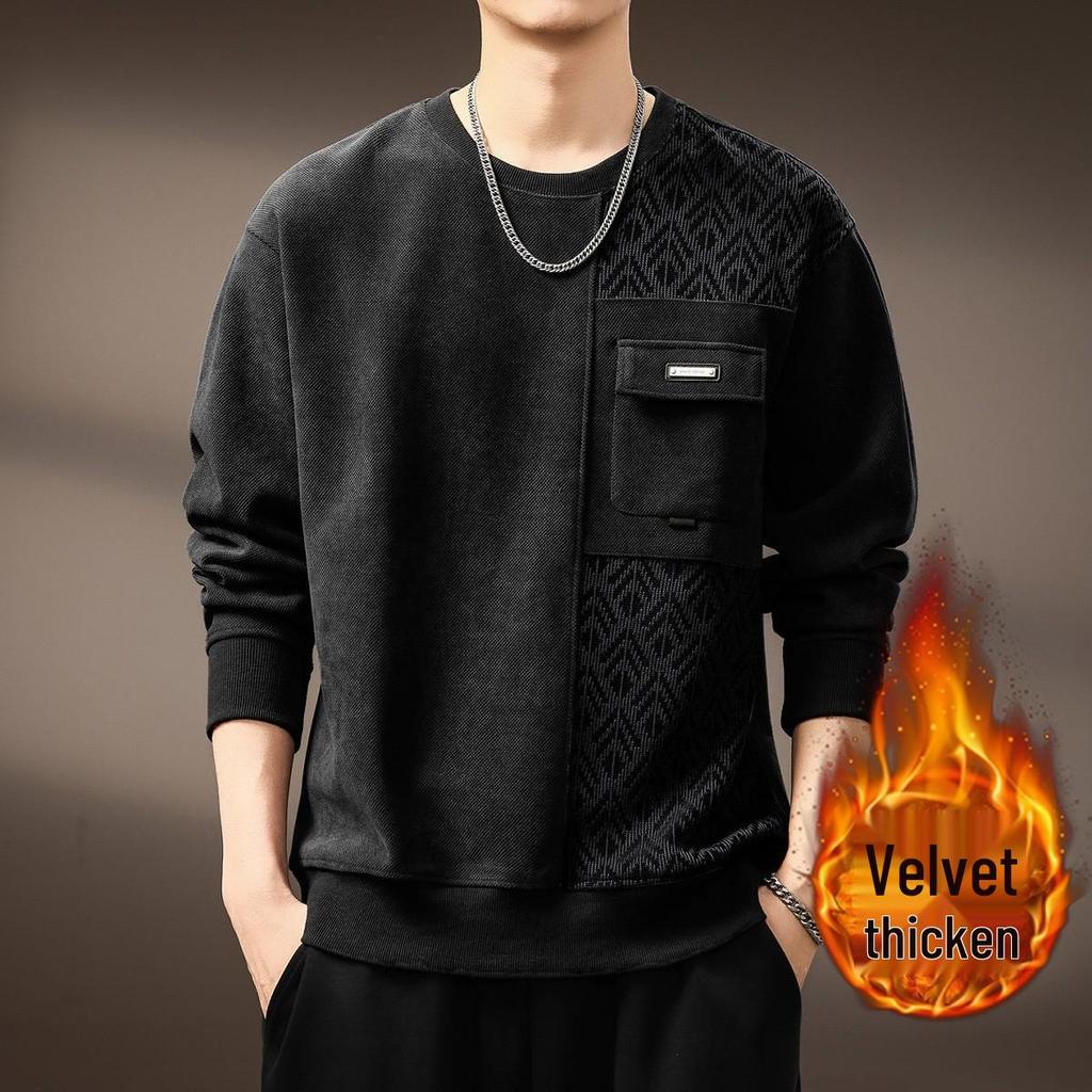 High-End Retro Jacquard Patchwork Raglan Sleeve Men's Sweatshirt - Autumn Heavyweight Trendy Round Neck Casual Top
