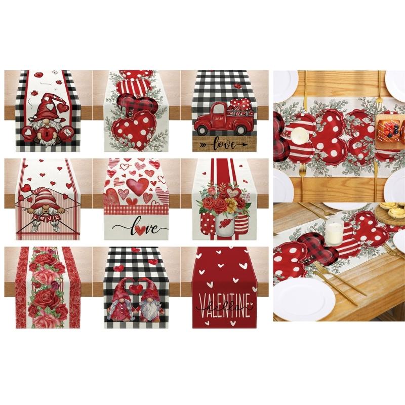 Valentines Day Linen Table Runner Wedding Decoration Heart Gnome Couple Table Runner Tablecloth for Dining Table Decor