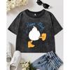 Happy Duck Cartoon Printing Washed Tee Shirts Women Fashion Cotton Tops O-Neck T Shirt Summer Sports Snow Wash T-Shirt