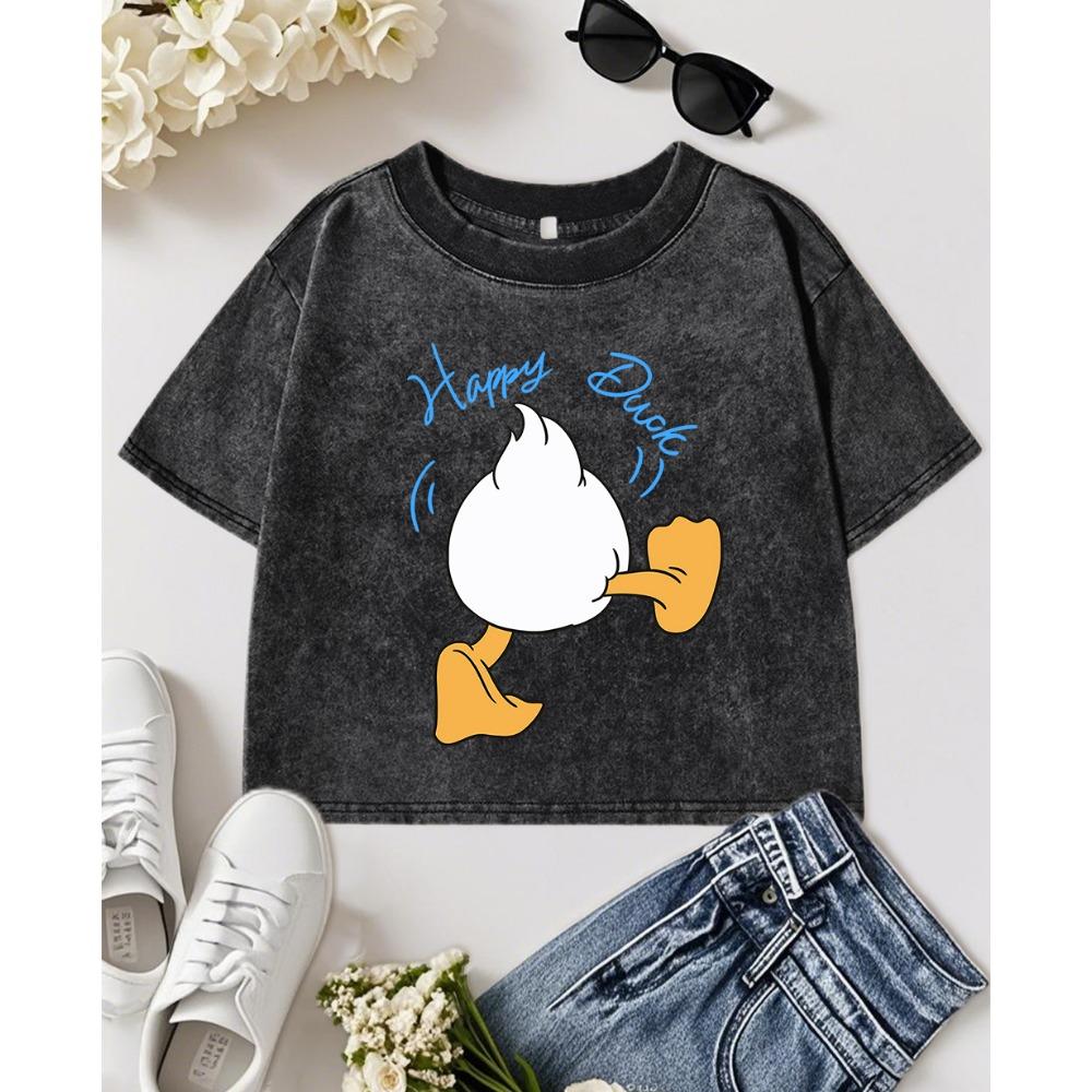 Happy Duck Cartoon Printing Washed Tee Shirts Women Fashion Cotton Tops O-Neck T Shirt Summer Sports Snow Wash T-Shirt