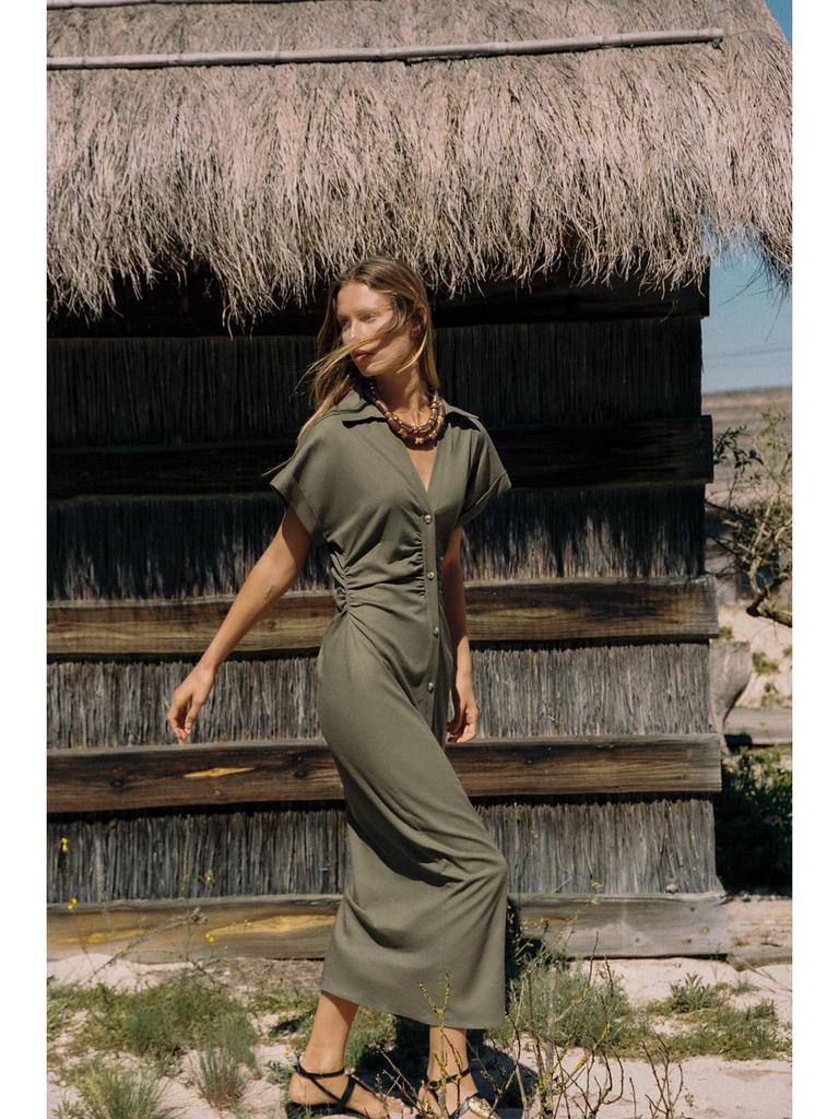 Women's Summer 2025 Linen Blend Slim Fit V-Neck Midi Dress