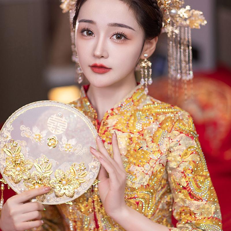 32CM Vintage Chinese Wedding Decorative Fans Wedding Bride Round Fans Photography Ornaments Home Decor  Art Craft Fans