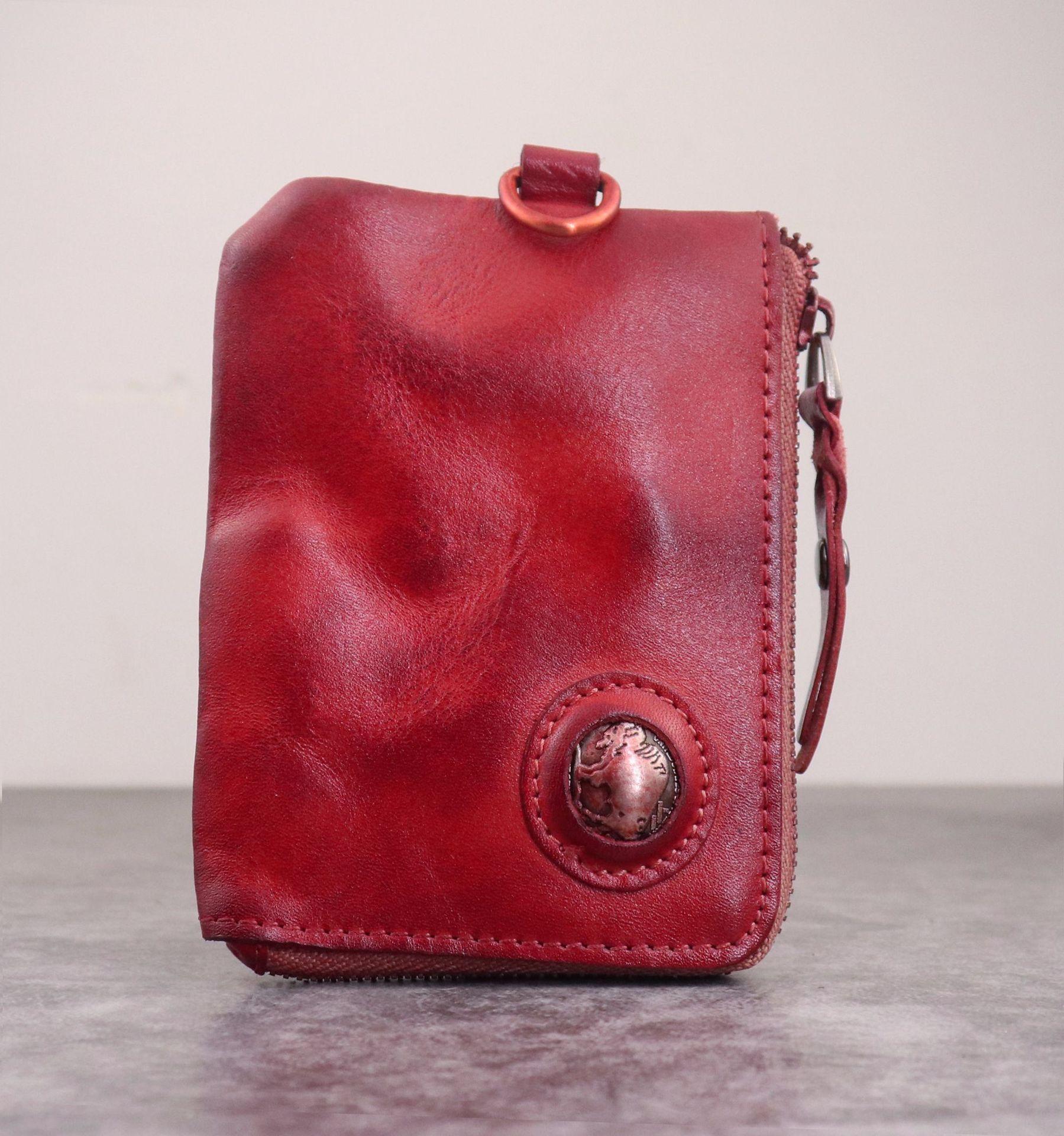 

New Bag Wallet for Men, Vintage Japanese Vegetable Tanned Leather, Used Wallet, Coin Purse, Women s Key Bag, Card Bag красный