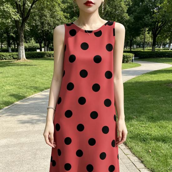 Summer Polka Dots Tank Dress for Women Casual Crew Neck Beach Vacation Sundress Loose Sleeveless Midi Dress