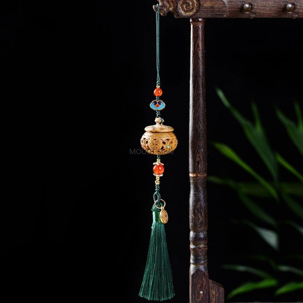 Green Ebony Wood Hollow Out Engraved Miniatures Incense Bag Portable Perfume Pendant Mobile Phone Decorative Wooden Accessorie