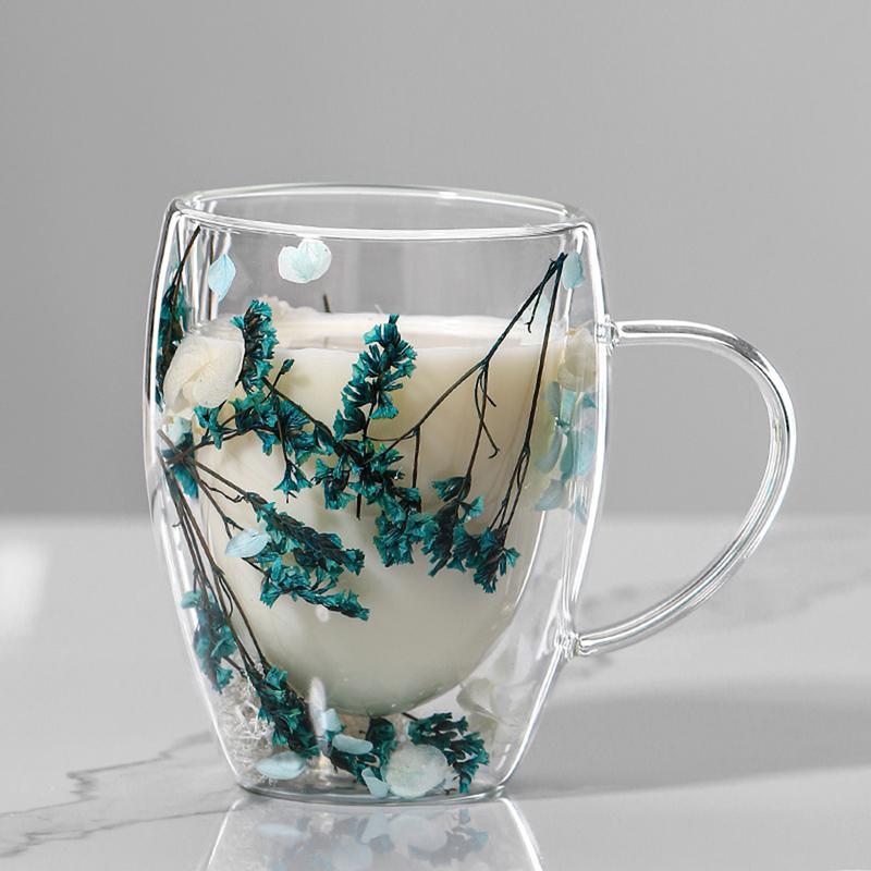 Dried Flower Double Walled Glass Mug 350ml Coffee Mug with Dry Flowers Decorative and Creative Flower Mug Double Wall Flower Cup