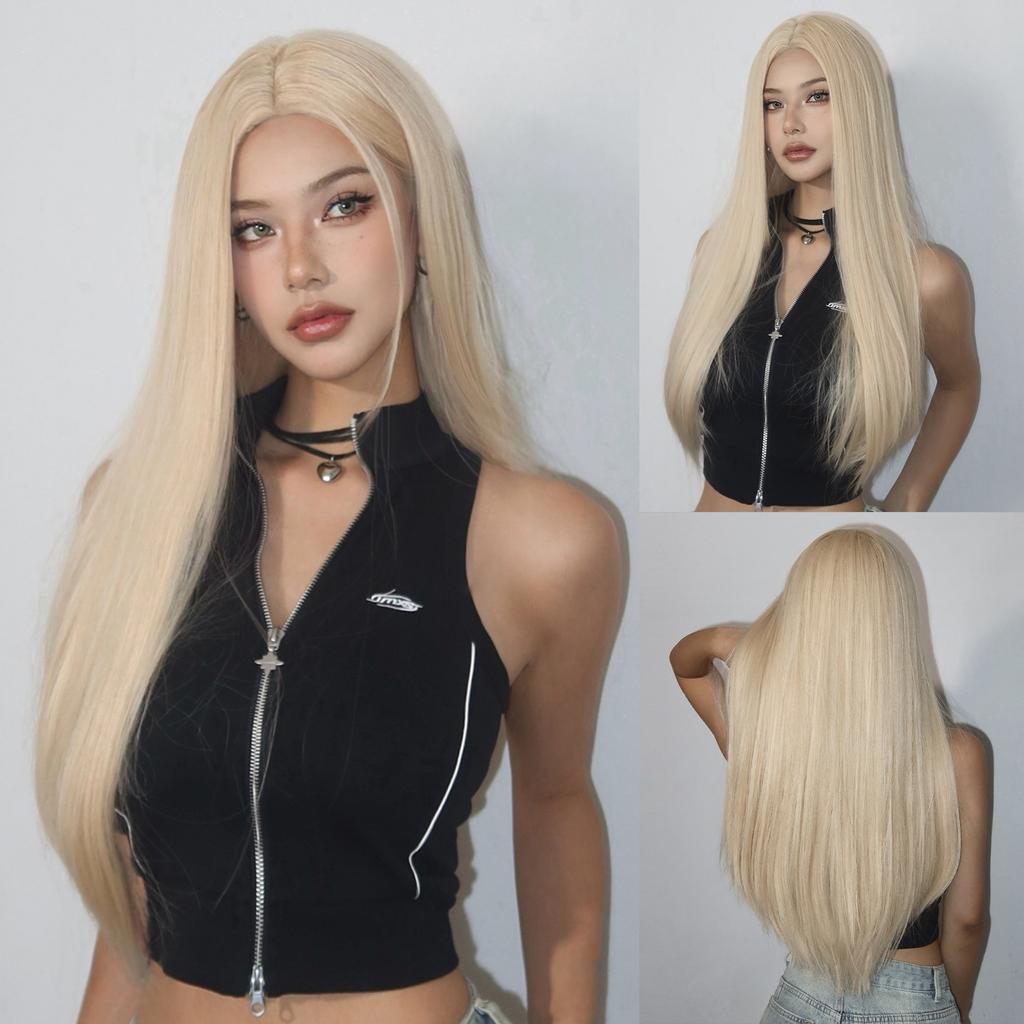 Synthetic Layered Wig Long Rose Gold Straight Wigs with Bangs Blonde Cosplay Party Natural Hair Wigs for Women Heat Resistant
