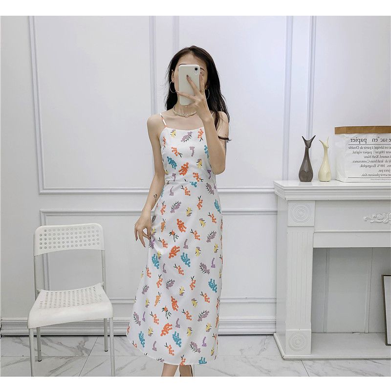 

Летняя женская одежда 2023 Мода K-стиль Платье со свежим принтом С высокой талией Стройнящее Молодежное Длинный сарафан на бретелях White Print XS