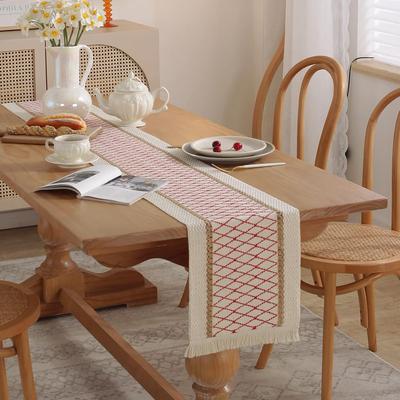 Bohemian Rustic Wedding Decor Cotton Linen Table Runner with Tassels