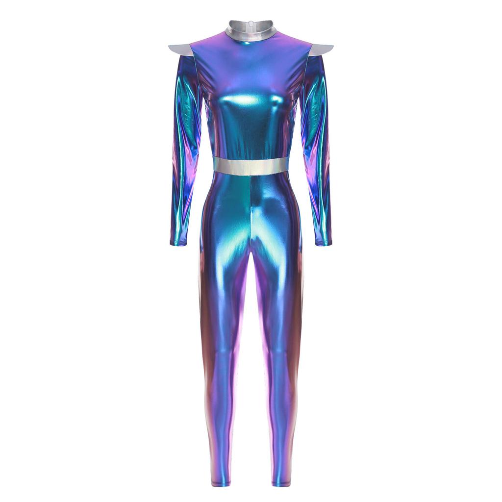 Women's Halloween Space Cadet Costume Long Sleeves Jumpsuit Dance Unitard for Rave Party