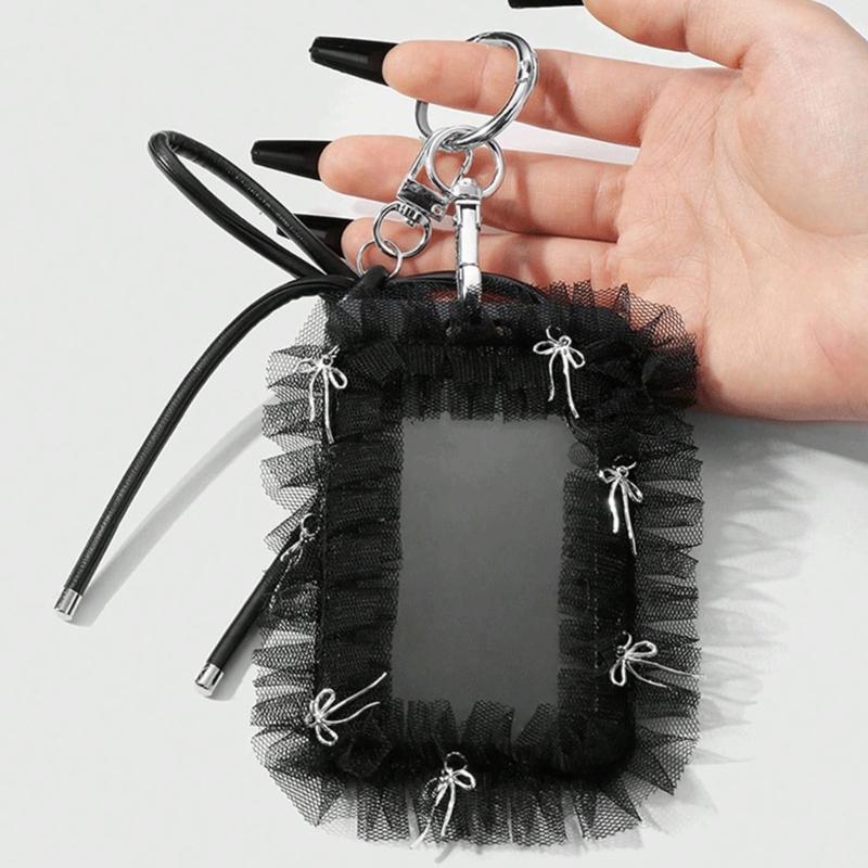 Elegant Badge Holder Gothic Bowknot Keychain Beaded Lace Card Charm Accessory Alternative Fashion Keyring