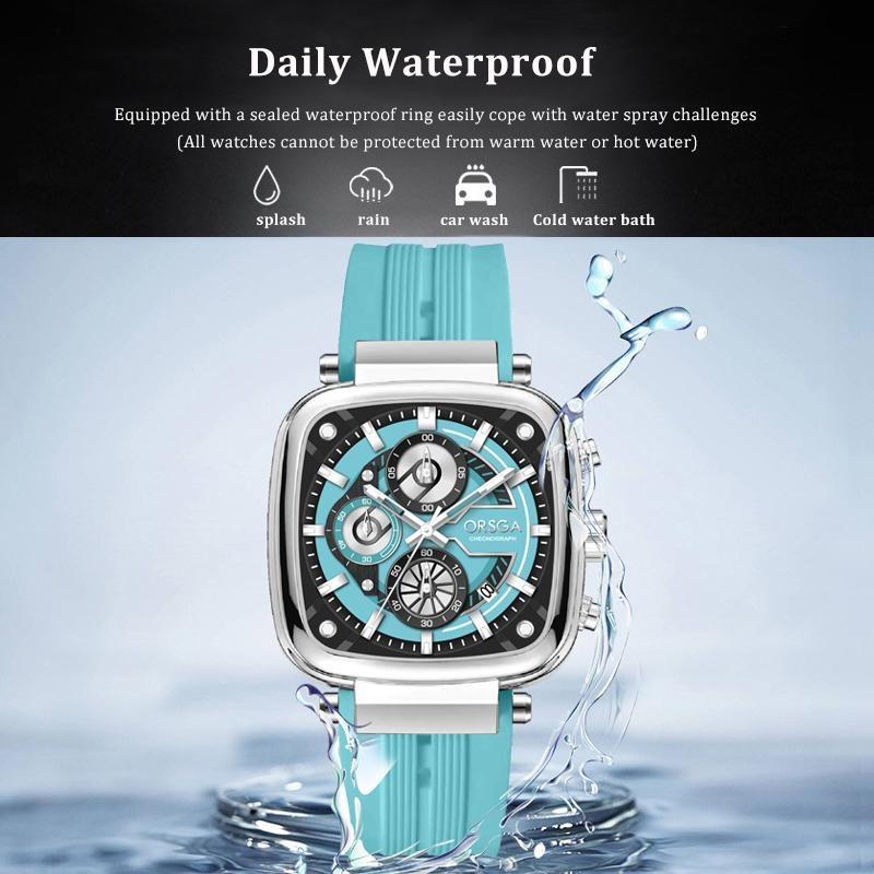 Mens Square Chronograph Watches Waterproof Luminous Quartz Wrist Watch with Silicone Strap