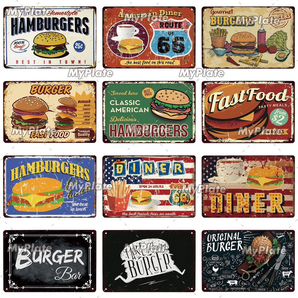 [MyPlate] Hamburger Metal Sign Plaque Metal Vintage Tin Sign Wall Decor For Club Man Cave Bar Decoration Tin Plate