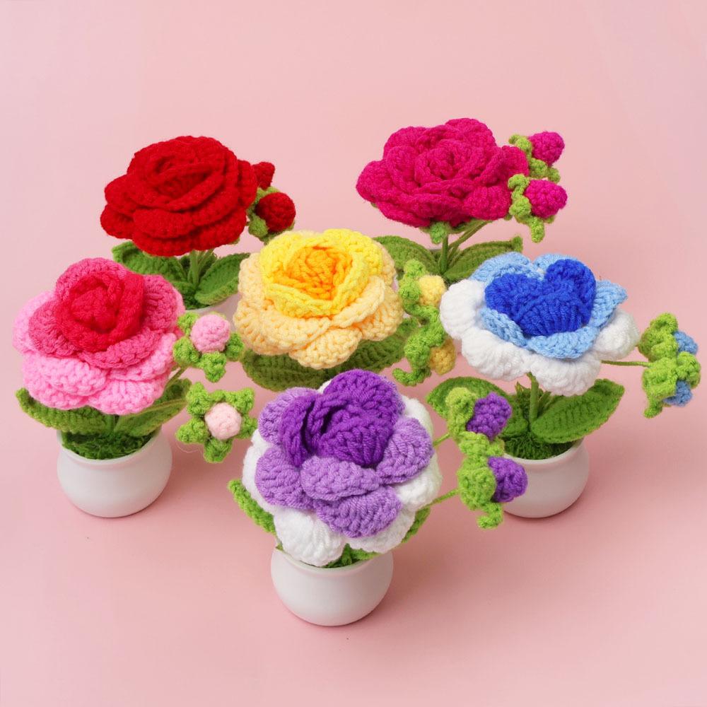 Rose Crochet Flower Pot with Bud  Romantic Handwoven Rose Flowers Knitting Flower Table Car Decor