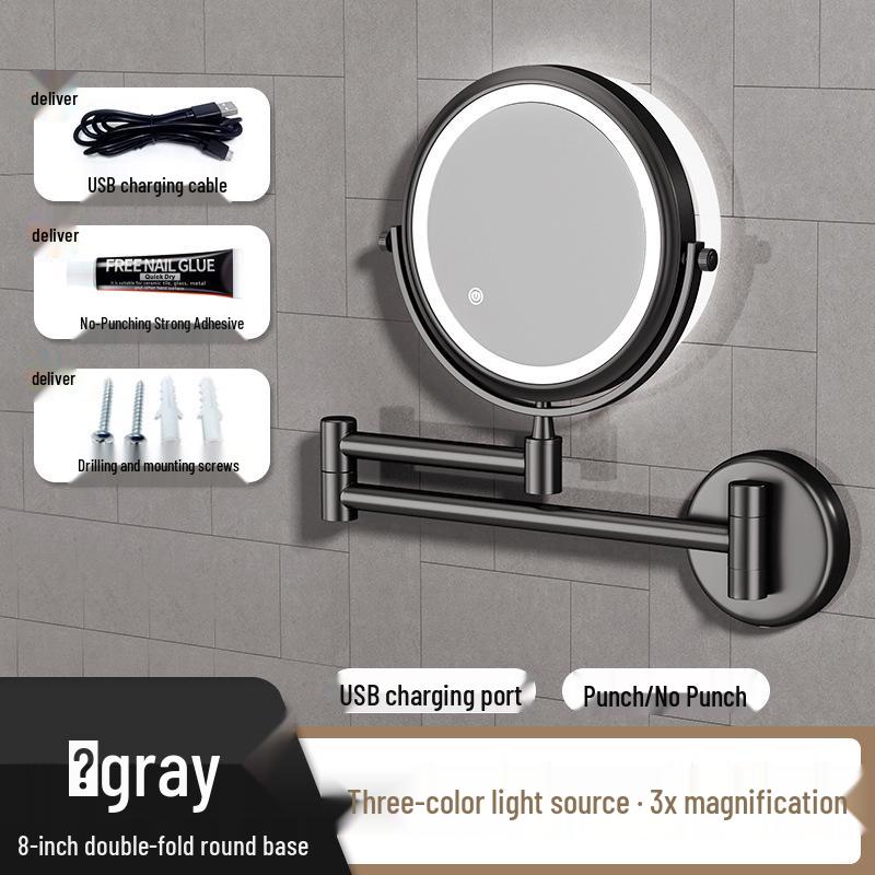 Wall-Mounted Foldable Vanity Mirror with Lights (Double-Sided, Punch-Free Installation) for Bathroom.