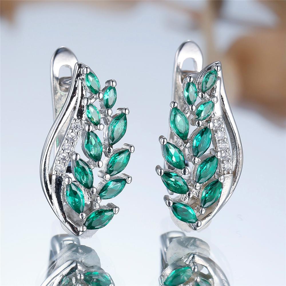 Cute Female Green Crystal Zircon Wheat Hoop Earrings For Women Silver Gold Color Wedding Jewelry