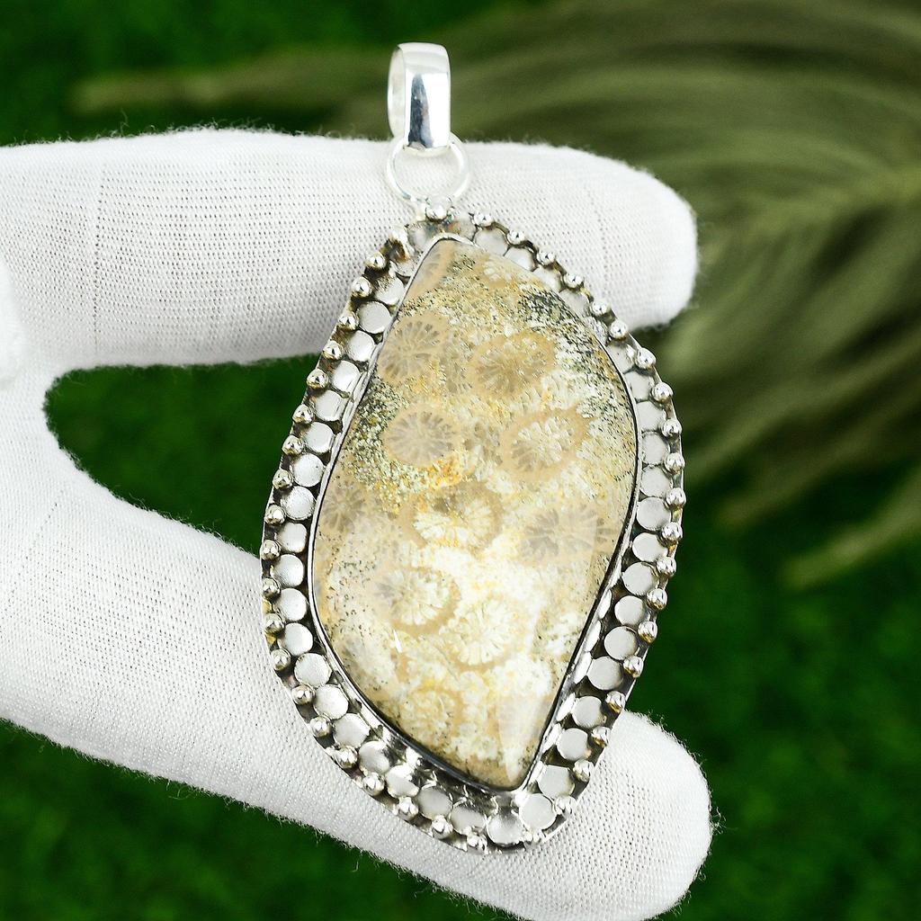 Hochzeitsgeschenk für Sie 925 Sterlingsilber Natürlicher Fossilkoralle Edelstein Anhänger