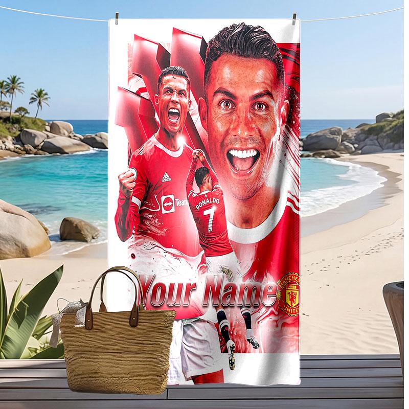 Asciugamano da Spiaggia Personalizzato Stampato Cristiano Ronaldo Logo Calcio Supporto Nome Personalizzato Testo Asciugamano Assorbente Per Sport Viaggio Regalo Speciale