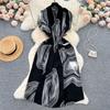 Light Luxury Retro Collar Printed Dress Women's Summer French Lace-up Waist Loose and Thin Medium and Long Shirt Skirt
