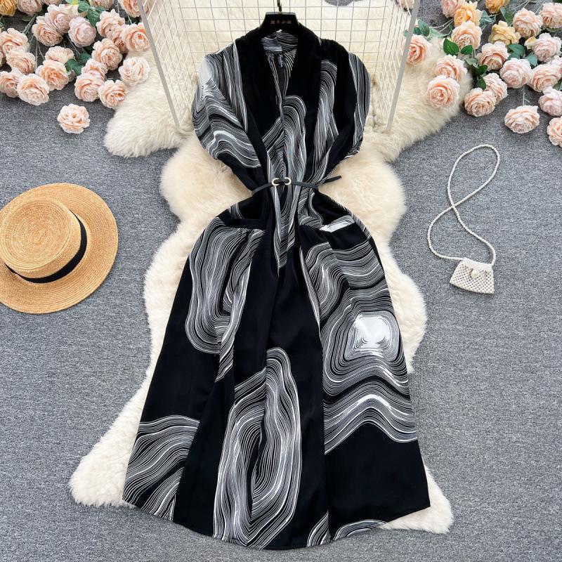 Light Luxury Retro Collar Printed Dress Women's Summer French Lace-up Waist Loose and Thin Medium and Long Shirt Skirt