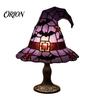 Stained Glass Bedside Lamp Witch Hat Lamp, Handcrafted Retro Resin USB Powered Gothic Table Wizard Hats Night Light, Halloween Home Decor Accent Lamps