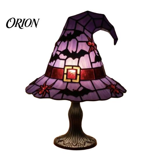 Stained Glass Bedside Lamp Witch Hat Lamp, Handcrafted Retro Resin USB Powered Gothic Table Wizard Hats Night Light, Halloween Home Decor Accent Lamps