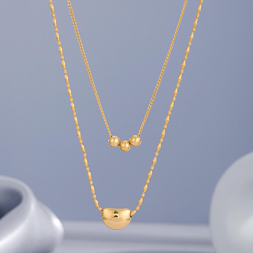 Double Moon Pendant Necklace Women's 18k Gold Plated Niche Design Round Beads 3 Round Beads Stainless Steel Necklace Tide